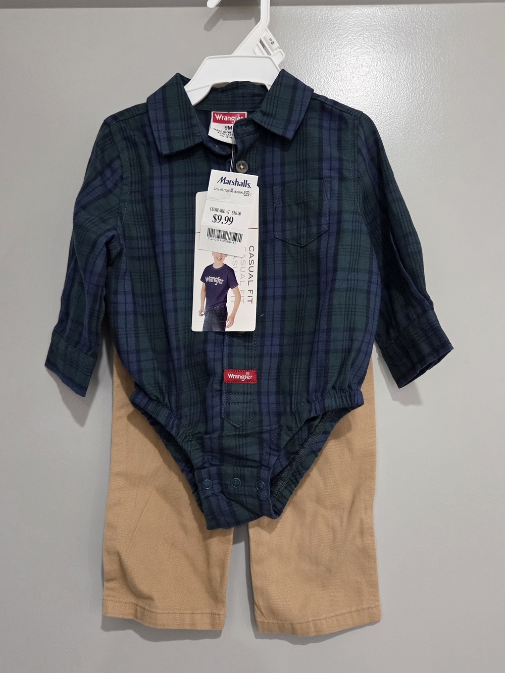 NWT Wrangler Green Plaid & Tan Kids Matching Set / Size 9 months